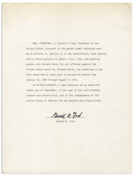 Gerald Ford Signed Souvenir Pardon of Richard Nixon